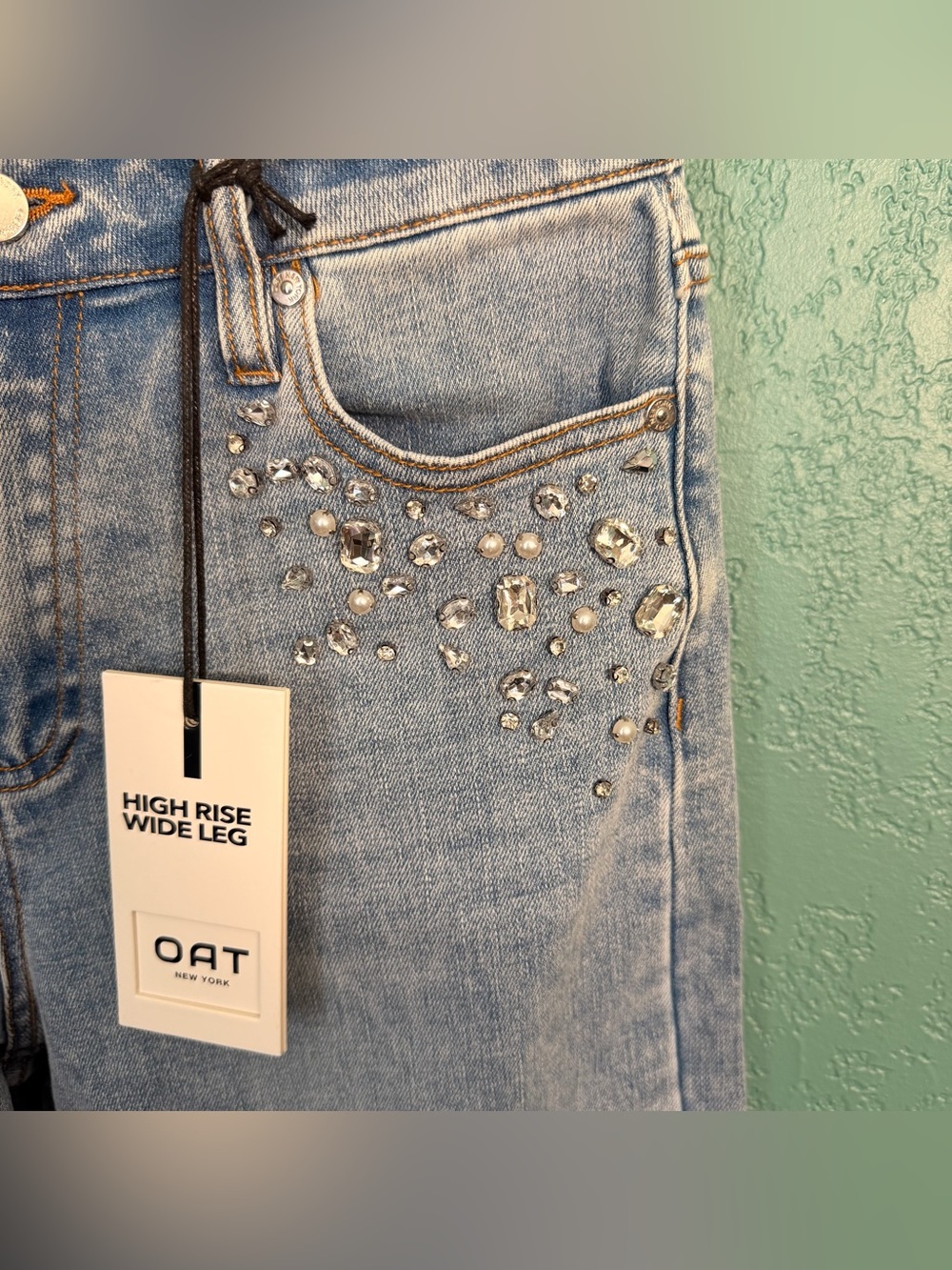 Oat New York High-Rise Wide-Leg Jeans — Light Blue with Crystal & Pearl Accents